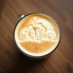 close up top-down view of a latte with a maximal Seattle city skyline formed in the milky foam, professional photography, looks like an advertising campaign photo, delicious