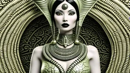 pale alien woman wearing exotic clothing. Black hair bob