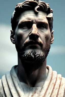 Ultra Realistic image, roman sculpture, white marble material, Lionel Messi, Laurel leaves crown, miguel angel style, chisel style, emperor, waist up portrait, epic, celestial style, cinematic lighting, God light, god rays, 4k resolution, smooth details, ornate details, soft lighting, unreal engine 5, sky background.