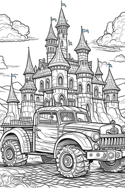 "a medieval-themed monster truck in front of a castle", coloring page for kids, clean line art, simple detailed, no background, white, black, ((((( simple detailed ))))), coloring book, cartoon style, free lines