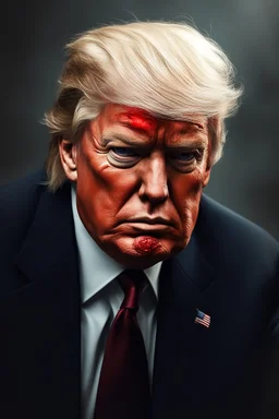Portrait of Donald trump, half cyborg, metal showing under skin, one red eye