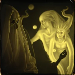 Daguerrotype close up some mysterious figures, odd background, Hieronymus Bosch Max Ernst ambient light, by Minicavio Quollati and Marlost Endgulp, Amano, Botticelli, Alphonse Mucha