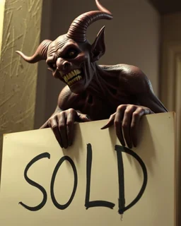 A realistic ghoulish laughing devil leaning forward at an angle as if over someone's shoulder, facing right, holding a large sign that says "SOLD" in clear letters. No humans, no extra subjects, cinematic horror lighting.