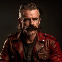 Biker in brown leather jacket, red t-shirt, with mustache, long red low ponytail, freckles and grey eyes