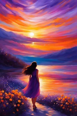 In hues of orange, purple, and gold, A girl, dark hair, her eyes so bold, Watching the sunset, with kindness untold, In this vibrant world, so beautiful, behold. Spring's breath whispers through the air, Painting nature in colors, beyond compare. Her soul shimmers, like the sky's vivid flair, A moment frozen, forever to share.