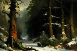 A winter forest with ice spirits painted by Gustave Courbet