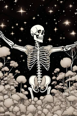 (((skeleton))) Peaceful, Jean Giraud, man, floating upwards, night sky filled with galaxies and stars, trees, flowers, black ink, one-line drawing, sharp focus, 8k, 3d