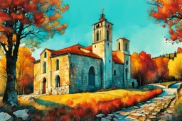 create a fine art print illustration of an old Italian village church, with highly detailed rough stonework, surrounded by ancient Lombardy poplar trees, in the hills of Tuscany under a tranquil autumn sky , in the comic book art style of Bill Sienkiewicz, and Jean Giraud Moebius, finely textured, drawn, colored, and inked