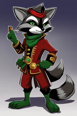 Make a Sly Cooper oc. He is a raccoon with sleek, charcoal-gray fur and emerald-green eyes. He has a sly and mischievous expression, with a black mask-like pattern around his eyes. He wears a tattered, dark blue bandit's outfit with a red sash and a feathered hat that adds to his roguish charm. He also sports a leather pouch at the base of his tail for carrying stolen treasures.