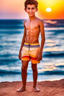 full body image of a beautiful 12 year old arabic boy with shoulder long, blonde curly hair and light blue eyes, smiling, shirtless, in front of an distant beach, sunset, photorealistic