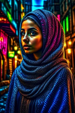 a beautiful Arabian girl in hijab , set against a gritty urban backdrop, The image should be highly detailed and intricate, with a sharp focus on the woman's features, and a neon color palette that pops against the dark background, the style should be reminiscent of street art and urban culture, with exaggerated and stylized features that give the portrait a larger-than-life feel, trending on artstation and instagram, art inspirations include banksy, Shepard Fairey, and lady pink.