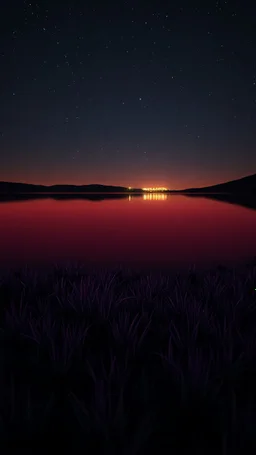 A large zoomed in water of a red lake in it a dark purple grass randomly in a starry dark night with dim lights in distance, great quality photo , cinematic and 8k photography