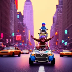 A one-year-old boy rides on the cow in the middle of a busy street in new york. photographic, bright colors and sunset, fantasy art, Anna Dittmann, digital painting, dan mumford, oil on canvas, jeff koons, akihito yoshida, wlop, kodachrome.