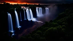 "hyperdetailed realistic lush jungle, Iguazu Falls – Argentina, sunset, billowing black clouds, ash rolling down mountain, volumetric lighting, sinister skies, apocalyptic, wildlife photography, hyperrealism, 8k resolution, dynamic lighting"