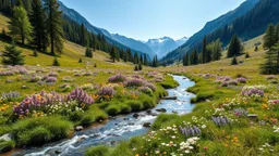 A quiet mountain meadow in spring, covered in a blanket of wildflowers with a crystal-clear stream flowing through it. Beautiful award-winning colour photograph, rule of thirds, balanced delightful composition, perfect lighting, superb detail, 16k render