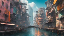 Water-level view of buildings on a canal, made of metal, cyberpunk, many painted colours, floating and flying boats, balconies, bridges, people, shopping, eating, walking, fifth element, ghost in the shell, altered carbon