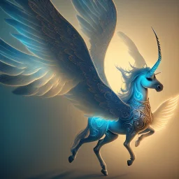 unicorn with glowing wings, glowing soft and smooth wings, shadow, abstract surreal fantasy art, highly detailed, intricate patterns on wings, soft studio lighting, smooth dark blue background 64k