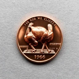 photography of a 1966 copper penny but with a roasted rotisserie Spatchcock chicken on a spit engraving, text "1966", text "IN GOD WE CLUCK", surreal, dark negative space,