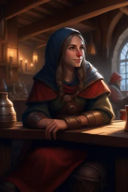 DnD style, medieval beautiful woman dressed in warm winter clothes sitting in a tavern