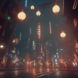 a huge robot in a low-light japanese city street with laterns, realistic, steampunk, 3d-art, futuristic, minimal design, unreal engine, ray-tracing