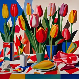 Chaotic Stilllife with many different tulips, painting by Tom Wesselmann and Peter Blake, pop art, very detailed, complicated shapes