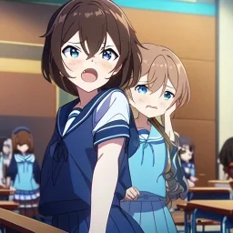 Clear focus, High resolution, Teenager, Adorable, Anime screencap, transformation, long flowy brown hair, hair between eyes, blue eyes, wearing a sailor uniform, blushing and screaming, in the classroom