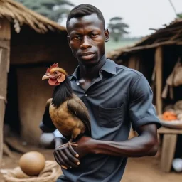 a black man holding a chicken in a village setup real image