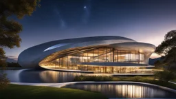 inspiring interwoven concrete ultra-modern slender building based on lightweight parabola shapes, sine curves and helix shapes, featuring large windows, rural location, night, moonlight, fireflies, distant mountains, lake, astonishing architecture, beautiful, wow, extremely detailed, photographic quality, beautiful composition, Ultra Realism, Complex intricate Details, 16k, HDR, High Quality, Sharp Focus, Studio Photo, attractive, innovative