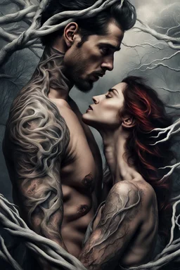 Multiple entanglements between a twisted thin piece of cloth as part of many twisted and spiraling branches disappearing into the distant mist, epic photo, 2 beautiful lovers are embracing, stunning tattoos that intwine with eachothers tattoos,sharp on highly detailed skin with wrinkles and high contrast, photorealistic, explosion of extacy,4K, 3D, realism, hyperrealism, detail, good lighting, detailed texture, modern photography style, 3D, 4D, 4K