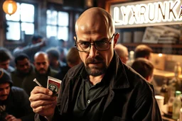 man looking like "Walter White" in breaking bad tv show, bald and goatee glasses, holding condoms in a crowdy slum bar, smoke and light from windows. a sign with the word "LYXRUNKA" on the wall