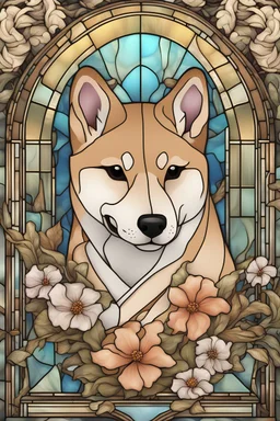 stained glass window design of a Shiba Inu framed with vector flowers, long shiny, wavy flowing hair, polished, ultra-detailed vector floral illustration mixed with hyper realism, muted pastel colours, vector floral details in the background, muted colours, hyper-detailed ultra intricate overwhelming realism in a detailed complex scene with magical fantasy atmosphere, no signature, no watermark