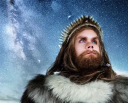 a sad and lonely viking looking up at the stars at night, hyper realistic, 8k, insane detail, atmospheric background, crying eyes, big fur coat, long braided hair, sharp focus, soft background, dynamic lighting, viking helmet, night time