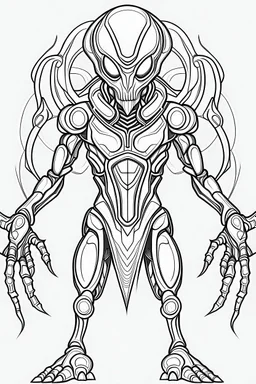 outline art An evolved alien.Of the black species. And metal .From Ben 10 cartoon cinematic lighting, high resolution 3D render art coloring pages with witch, white background, Sketch style, full body, use outline, Mandala style, clean line art, white background, no shadows and clear and well