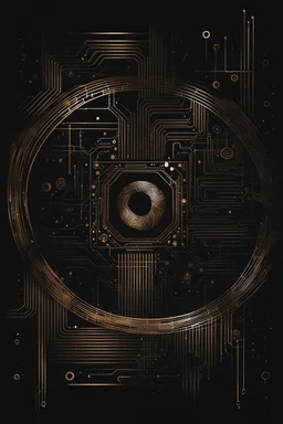 drawing art from fingerprint made of circuits, metallic lines and binaryc numbers . in background the black walls with abstract and geometric shapes symbols, circle, square , a unique dark fantasy style. The atmosphere surrealism and minimalism. splash art, The black drawing artwork with ink