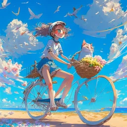 A girl is riding a bicycle on the beach. His cat is sitting in the front basket of the bicycle. Spring flowers can be seen everywhere. Beautiful blue sky with white clouds - kites in the sky. sense of peace. digital art, anime, 8k, full details, colorful, high resolution