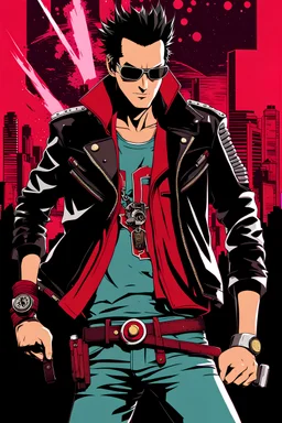 A T-shirt Design Of Travis Touchdown From No More Heroes 3 As A 1990s Anime Hero, Low Details, Digital Art, Solid Colors, Sharp Focus, Trending On Art Station, Print Art, Anime Colors, Empty Background, Anime, Video Game, Flat