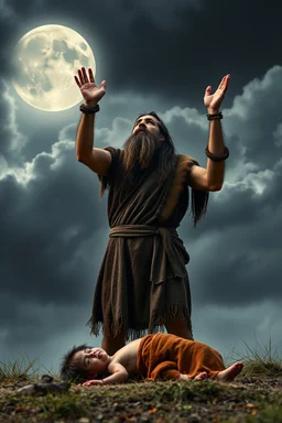 A Stone Age man with long hair and beard wearing an animal skin cloths standing with anger , looking up to the sky , raising both hands up like prayer. His baby who is laying dead on the ground, A cloudy stormy behind a dim lighting moon ,4k, dramatic scene,