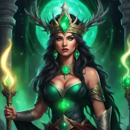 TALES OF HORROR AND SEDUCTION! A scene of decadent raw power. Subject: A low-angle portrait capturing a fierce, youthful woman druid. Crowned in celestial iron and adorned with the relics of a realm long vanished, the Starborn Queen stands. Her eyes flash with emerald malice and seductive intent, looking directly into the lens. At her hip, a gnarled wooden staff in her left hand, grips a stone-tipped dagger. She stands beneath a bleeding sky. Her right hand gestures subtly, conjuring swirling, v