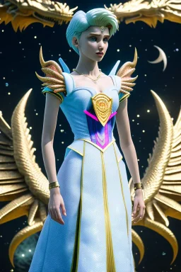 Sailor moon with short hair and dragons wings wearing only dragon scales,mythical,fantasy , magnificent, majestic, highly intricate, Realistic photography, incredibly detailed, ultra high resolution, 8k, complex 3d render, cinema 4d.