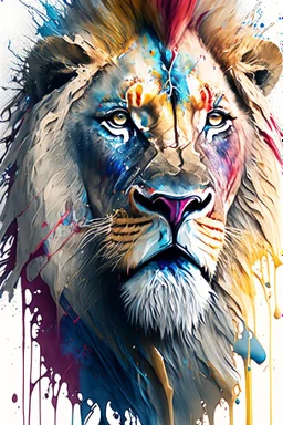 "lion", clean design, art station, splash of colorful paint, contour, ((solid white background)), looking into camera, hyperdetailed intricately detailed, unreal engine, fantastical, cinema lighting, intricate detail, splash screen, complementary colors, fantasy concept art, 8k resolution, DeviantArt masterpiece, watercolor, paint dripping