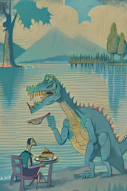 Eating a dinosaur by the lake in a Picasso style