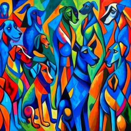 Painting of dogs and men standing together in different colors and sizes, cubist painting by Kees Maks, featured on dribble, informal art, cubism, picasso, art on instagram