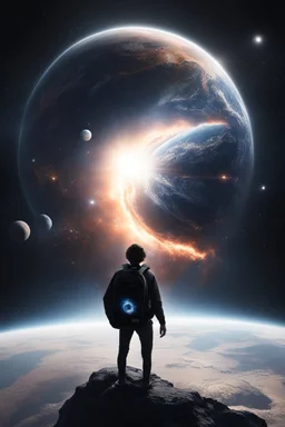 A figure wearing a black backpack deep in a supernova overlooking planet Earth