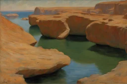 day, rocks, lagoon, sci-fi movies influence, cosmic and philosophic influence, hans am ende and wilfrid de glehn impressionism paintings