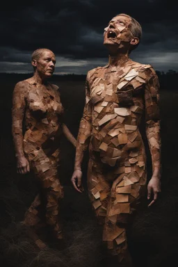 a human body patchwork sewn of big pieces of human skin. waking in the night. show hole body. terrifying horror setting.