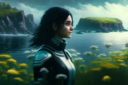 young woman in an android suit with dark hair, standing on the shore of an alien sea. Floating forests with dandelion tops in the distance