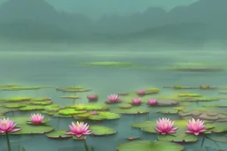 foggy lake at sun rise water lilies with sitting frogs on them background anime style high detale add more yellows\