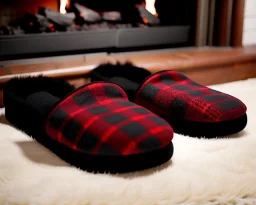 Red plaid slippers laying on a fur black rug by log cabin fireplace