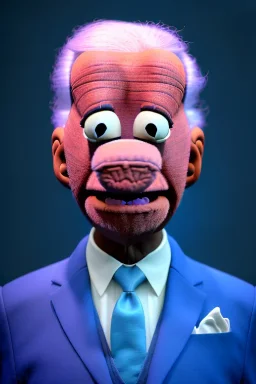 Waist up muppet Portrait, joe Biden as muppet doll, Blue suit retro style, photo studio, blue background, unreal engine 5, concept art, art station, god lights, ray tracing, RTX, lumen lighting, ultra detail, volumetric lighting, 3d.