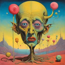 Salvador Dali oil painting, Lollipop guild vivisection, saccharine anthropomorphic lollipop person dissection, bright primary pastel colors, dynamic diagonal composition, sinister atmosphere, weirdcore, by Zdzislaw Beksinski, by Michael DeForge, octane render, creepy, by Jim Woodring,